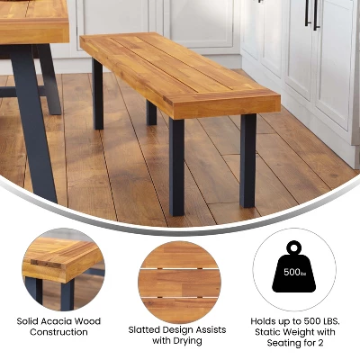 Emma And Oliver Rustic Natural Acacia Wood Bench With Seating For Two, Flared Wooden Legs And Slatted Surface For Indoor And Outdoor Use - Image 5