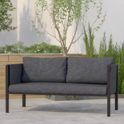 Emma And Oliver Indoor Outdoor Patio Loveseat, Steel Framed Club Chair With Cushions And 2 Storage Pockets