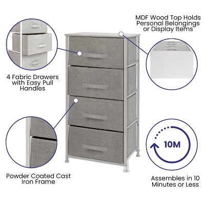 Emma And Oliver 4 Drawer Vertical Storage Dresser With Wood Top & Fabric Pull Drawers - Image 2