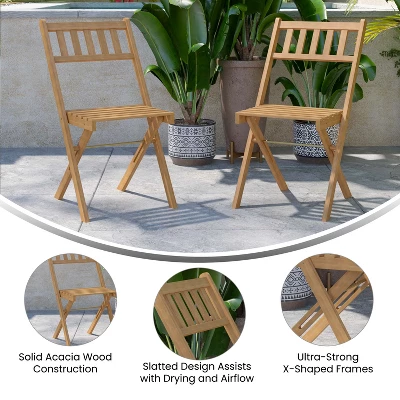 Emma And Oliver Set Of 2 All Natural Weather Resistant Acacia Wood Folding Patio Bistro Chairs In A Natural Finish With Protective Teak Oil Layer - Image 5