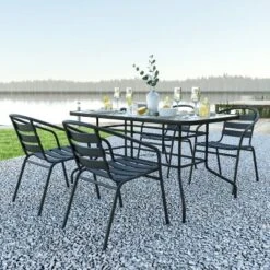 Emma And Oliver 5 Piece Patio Table & Chairs Set With 31.5"x55" Rectangular Metal Table With Tempered Glass Top And 4 Black Aluminum Stacking Chairs