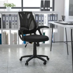 Emma And Oliver Mid-Back Designer Black Mesh Swivel Task Office Chair With Open Arms
