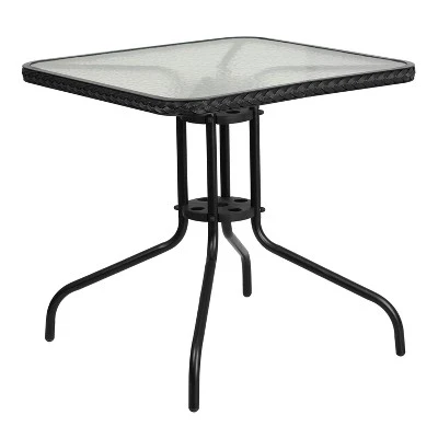 Emma And Oliver 28" Square Tempered Glass Metal Table With Rattan Edging - Image 9