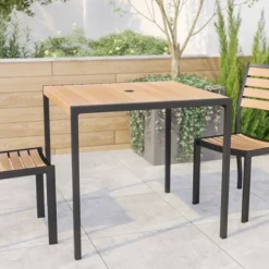 Emma And Oliver 30" X 48" All-Weather Faux Teak Patio Dining Table With Steel Frame - Seats 4