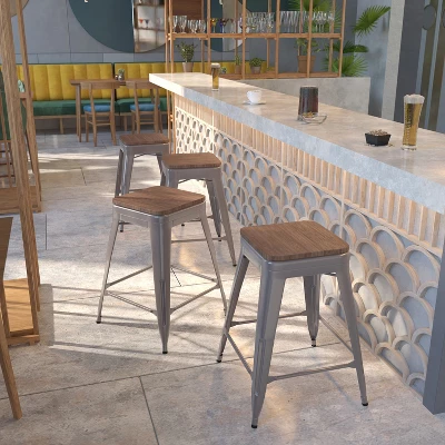 Emma And Oliver 4 Pack 24" High Backless Clear Coated Metal Counter Height Stool - Square Wood Seat