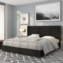 Emma And Oliver King Accent Extended Panel Platform Bed In Black Fabric