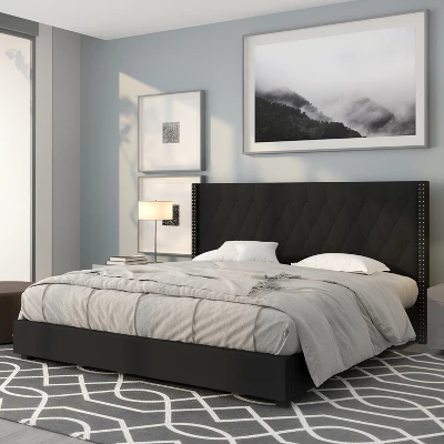 Emma And Oliver King Accent Extended Panel Platform Bed In Black Fabric