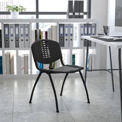 Emma And Oliver Black Plastic Office Side Stack Chair With Oval Cutout Back