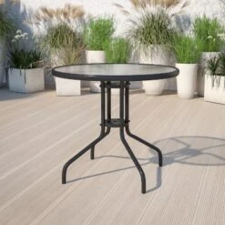 Emma And Oliver 31.5" Round Tempered Glass Metal Table