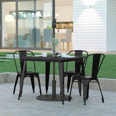 Emma And Oliver Indoor/Outdoor Dining Table With Umbrella Hole, 36" Square All Weather Poly Resin Top And Steel Base