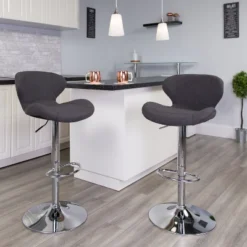 Emma And Oliver 2 Pack Contemporary Vinyl Adjustable Height Barstool With Curved Back And Chrome Base