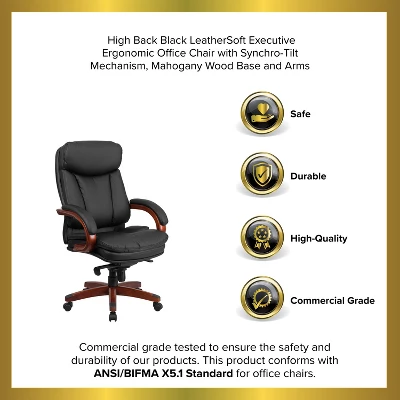 Emma And Oliver High Back Black LeatherSoft Synchro-Tilt Ergonomic Office Chair With Wood Base - Image 10