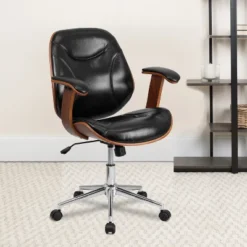 Emma And Oliver Mid-Back Black LeatherSoft Executive Ergonomic Wood Swivel Office Chair - Arms