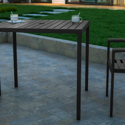 Emma And Oliver Square All-Weather Faux Teak Patio Dining Table With Steel Frame - Seats 4 - Image 3