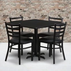 Emma And Oliver 36SQ Black Table Set-X-Base & 4 Ladder Back Chairs,Black Seat