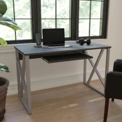 Emma And Oliver Black Pull-Out Keyboard Computer Desk With Cross-Brace Frame