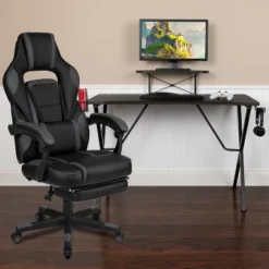 Emma And Oliver Gaming Bundle-Cup/Headphone Desk & Reclining Footrest Chair