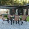 Emma And Oliver Seven Piece Patio Table Set With Metal Table With Tempered Glass Top And 6 Flex Comfort Stacking Chairs