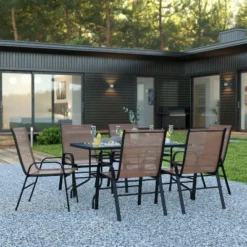 Emma And Oliver Seven Piece Patio Table Set With Metal Table With Tempered Glass Top And 6 Flex Comfort Stacking Chairs