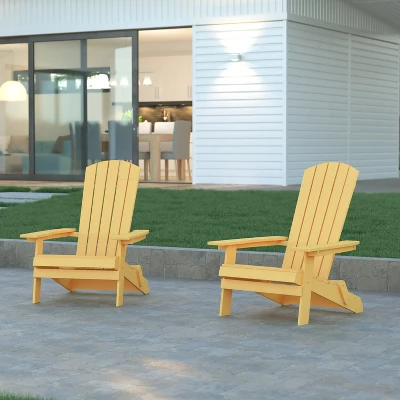 Emma And Oliver Set Of 2 Indoor/Outdoor Poly Resin Folding Adirondack Chairs, All-Weather Chairs For Porch, Patio, Or Sunroom