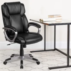 Emma And Oliver Mid-Back Leather Executive Swivel Office Chair With Padded Arms