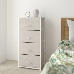 Emma And Oliver 4 Drawer Vertical Storage Dresser With Wood Top & Fabric Pull Drawers
