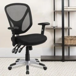 Emma And Oliver Mid-Back Black Mesh Multifunction Swivel Ergonomic Task Office Chair - Arms