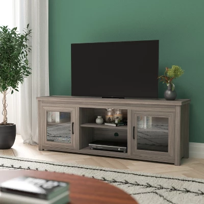 Emma And Oliver TV Stand For Up To 80" TV's - 65" Media Console With Classic Full Glass Doors & 3 Adjustable Shelves