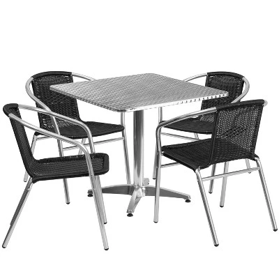 Emma And Oliver 31.5" Square Aluminum Garden Patio Table Set With 4 Rattan Chairs - Image 4