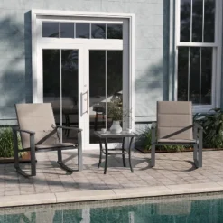 Emma And Oliver 3 Piece Outdoor Rocking Chair Patio Set With Flex Comfort Material And Metal Framed Glass Top Table