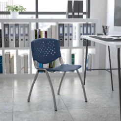 Emma And Oliver Home And Office Navy Plastic Stack Chair With Perforated Back - Guest Chair