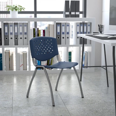 Emma And Oliver Home And Office Navy Plastic Stack Chair With Perforated Back - Guest Chair